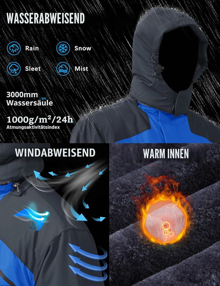 TACVASEN Herren Winter Wasserdichte Winddichte Winterjacke Warme Fleece-Futter Ski Regenmantel mit K