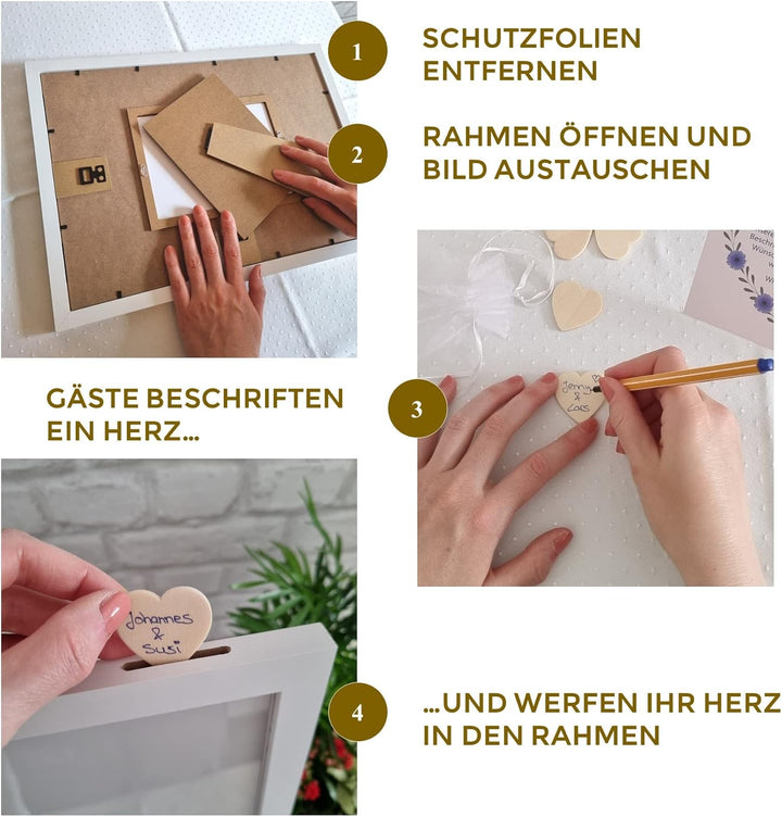 Jandiklee Gästebuch Holzrahmen inkl. Herzen aus Holz für Hochzeit, Taufe, Geburtstag (Fotorahmen run