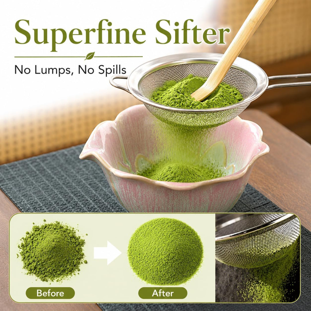 Matcha Set 5-teilig, Matcha Schale mit Ausgiesser in Blumenform Grün Rosa, Chasen, Bambusbesen, Chas
