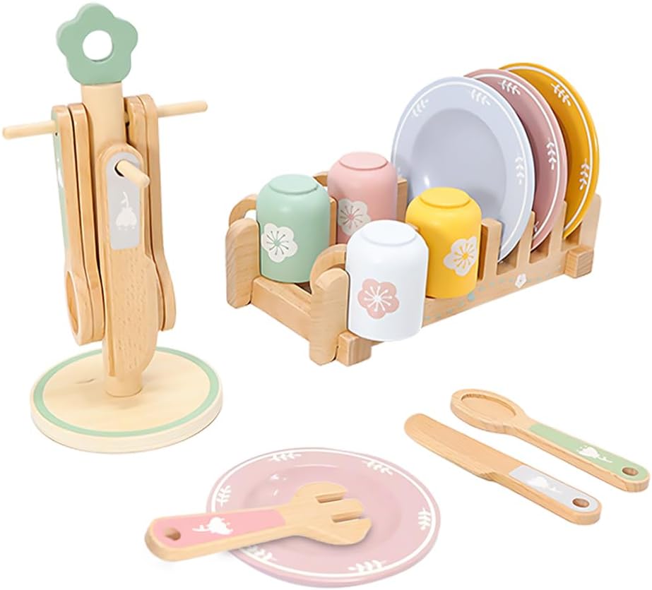 Teeservice Kinder Holz, Kinderküche Geschirr mit Tassen Teller, Spielküche Zubehör Puppengeschirr Ho