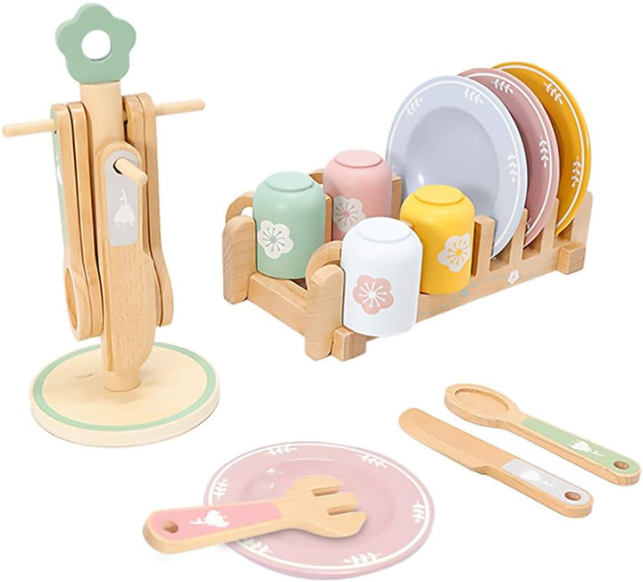 Teeservice Kinder Holz, Kinderküche Geschirr mit Tassen Teller, Spielküche Zubehör Puppengeschirr Ho