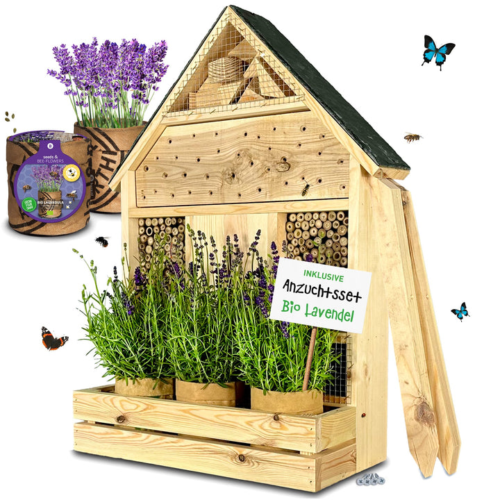 GARTENETAGE Stehendes Insektenhotel XXL mit Schieferdach und Pflanzenoase Lavendel - inkl. Anzuchtse