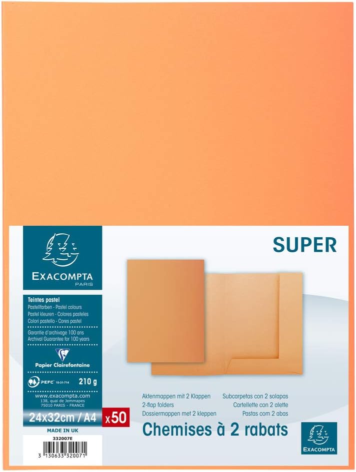 Exacompta Super 250 PACK 50 Hemden für A4 2 Klappen 24 x 32 cm 24 x 32 Orange, Orange