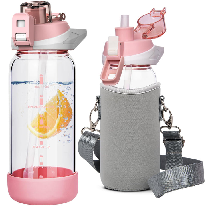 Seekua 0.6l Sport Trinkflasche Glas Flasche mit Strohhalm & Zeitmarkierung für Kinder, Schule 600ml