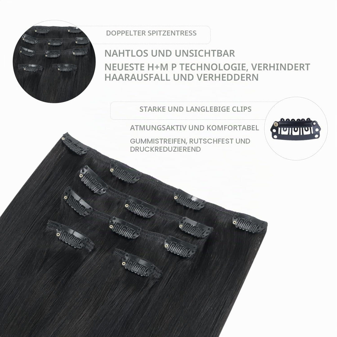 WENNALIFE Clip in Extensions Echthaar, 75g 5pcs 40cm Natürliches Schwarz Extensions Clip in Remy Cli