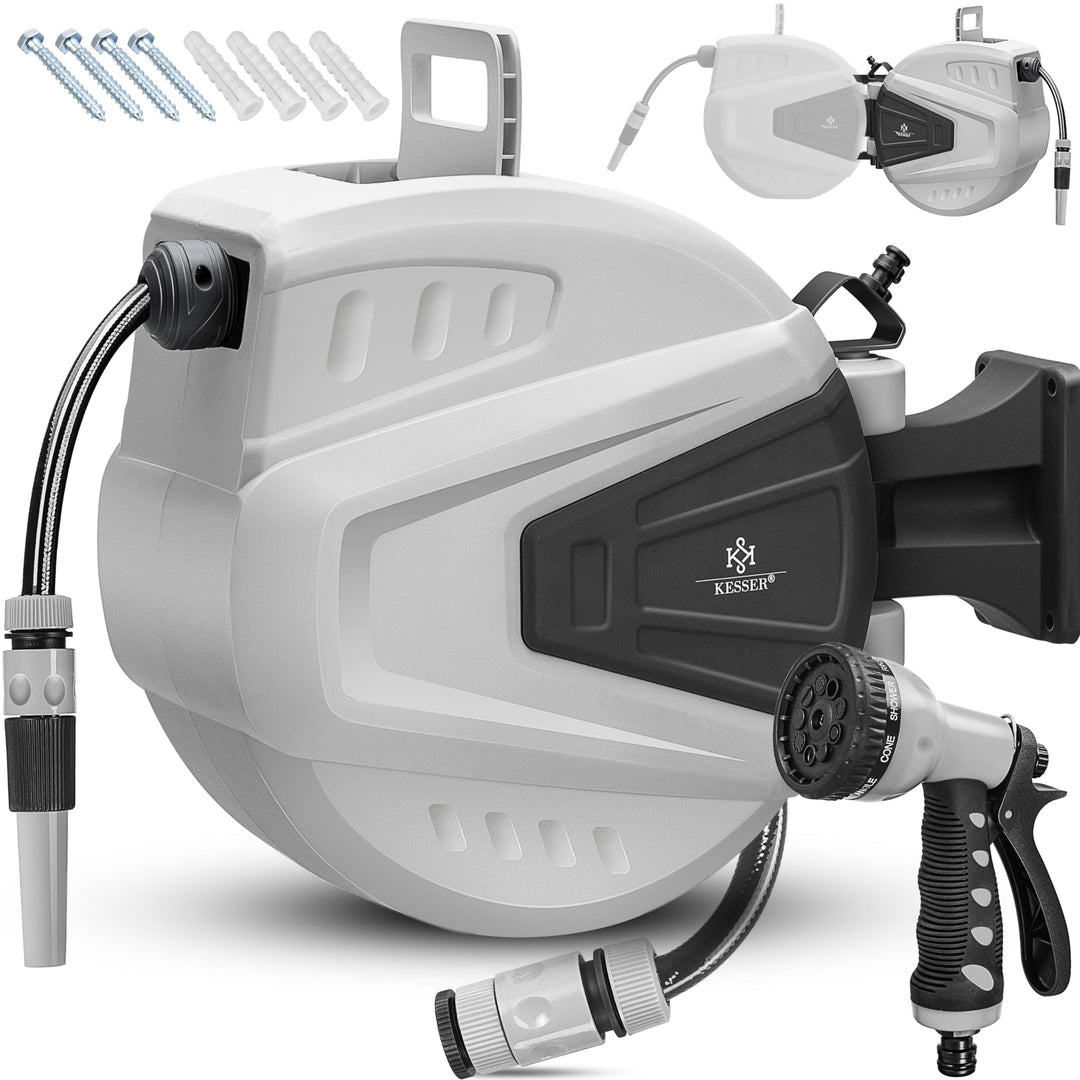 KESSER® Schlauchtrommel Wasser 15+2m Schlauchaufroller Inkl. 2-Wege-Verteiler + Multi-Handbrause Was