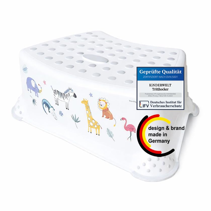 KiNDERWELT Premium Tritthocker für Kinder und Babys, Tier Design in weiss, Tritthocker Stufe für Kle