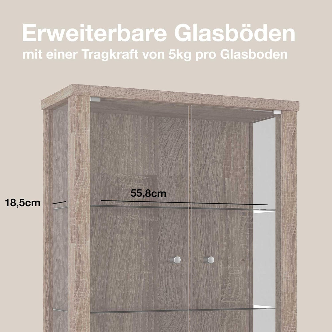 K-Möbel Hängevitrine Glas in Sonoma Eiche (80x60x25 cm) mit 2 höhenverstellbaren Glasböden - Modella