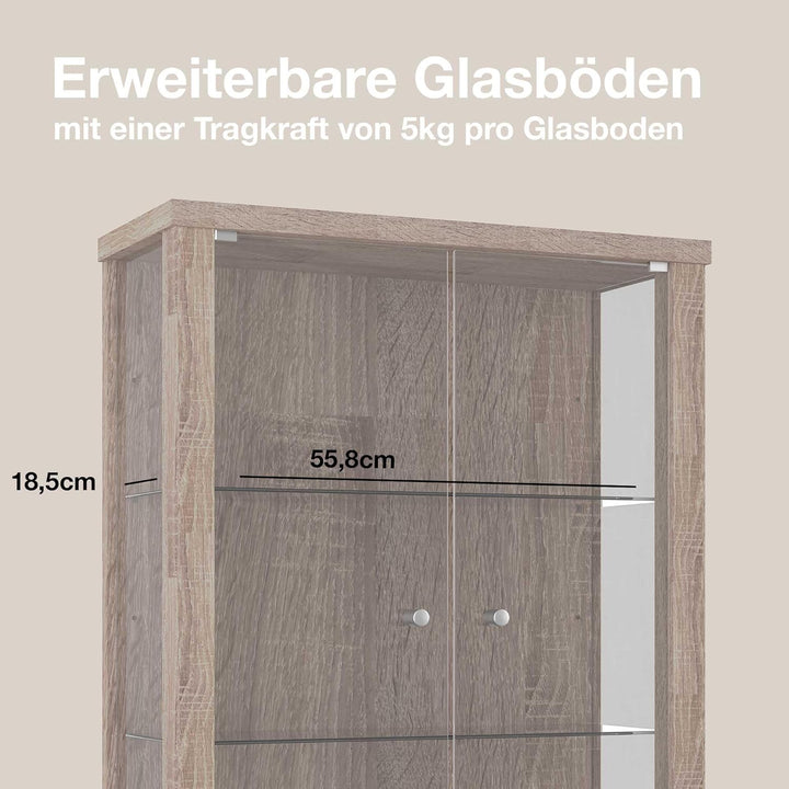 K-Möbel Hängevitrine Glas in Sonoma Eiche (80x60x25 cm) mit 2 höhenverstellbaren Glasböden - Modella