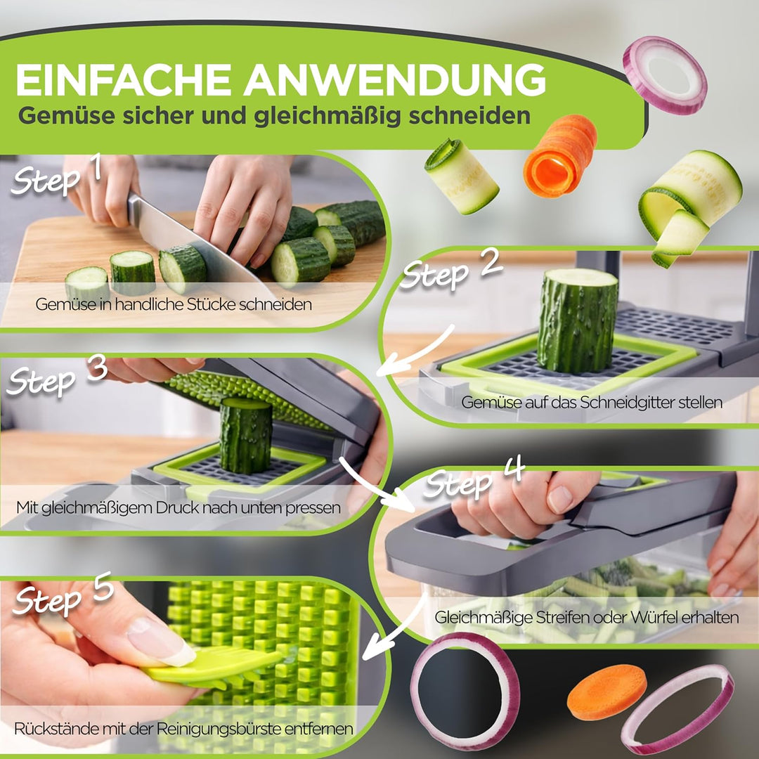 Gemüseschneider Multifunktion 13-in-1 mit Auffangbehälter, Mandoline Hobel, Zwiebelschneider, Würfel