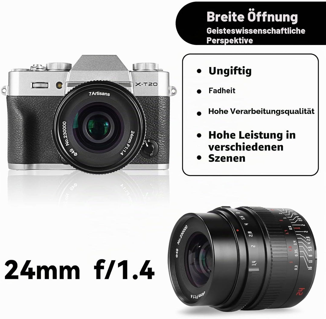 7artisans 24mm F1.4 APS-C Manual Prime Objektiv Grosse Blende für Fujifilm FX-Mount Spiegellose Kame