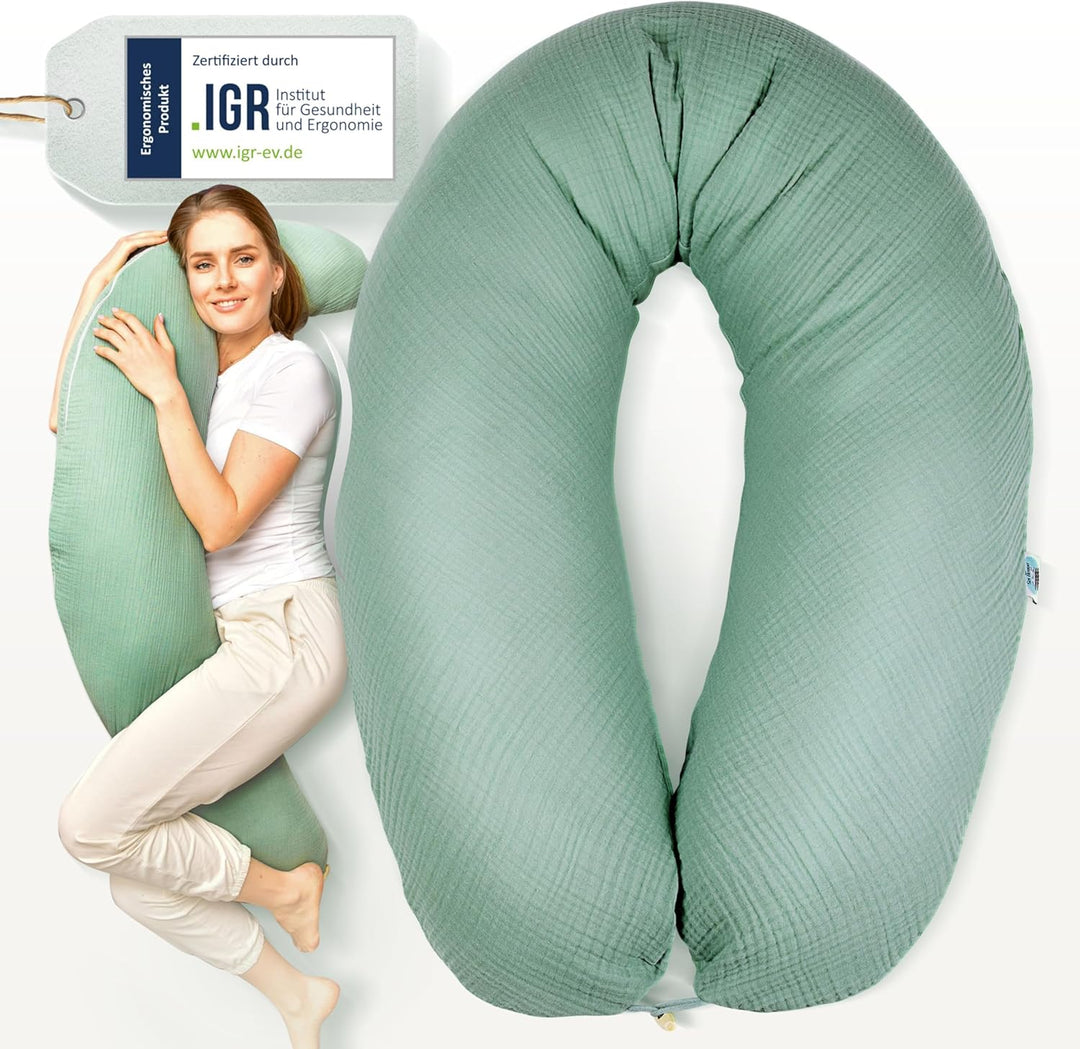 sei Design XXL Stillkissen 190x35 cm mit Musselin-Bezug ergonomisch. Schwangerschaftskissen Seitensc