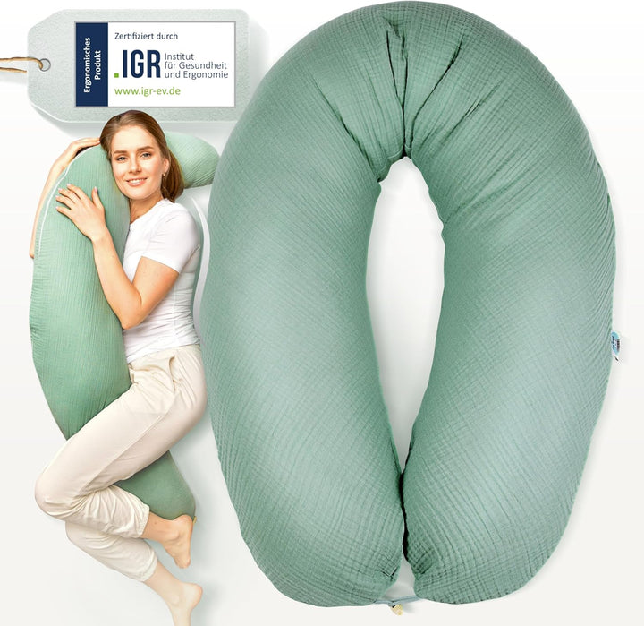 sei Design XXL Stillkissen 190x35 cm mit Musselin-Bezug ergonomisch. Schwangerschaftskissen Seitensc