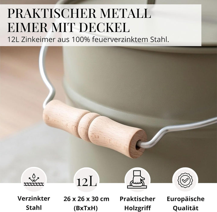 LIVLIG Premium Ascheeimer mit Deckel 12L Moosgrau, verzinkter Eimer mit Deckel für Moderne Kamine, P