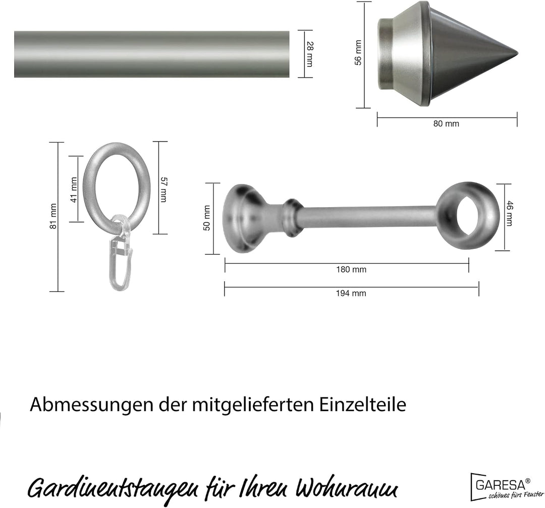 Garesa Gardinenstange Semara Ø 28mm, 1-läufig, Chrom, matt I Stabile Vorhangstange inkl. Ringe + Fal