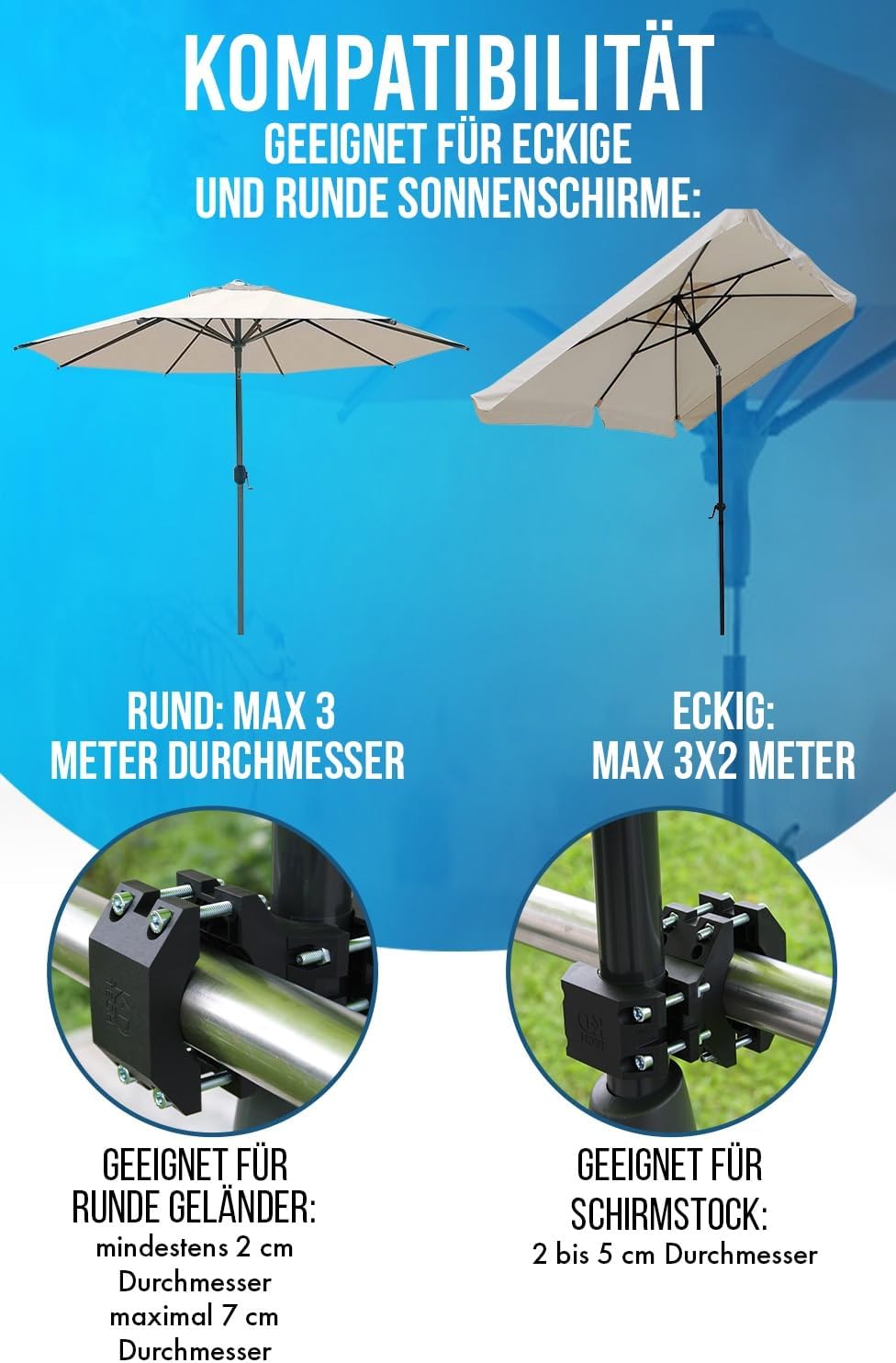 KD-TECH Stabiler Sonnenschirmhalter - Sonnenschirmständer für Balkon und runde, eckige Geländer - So