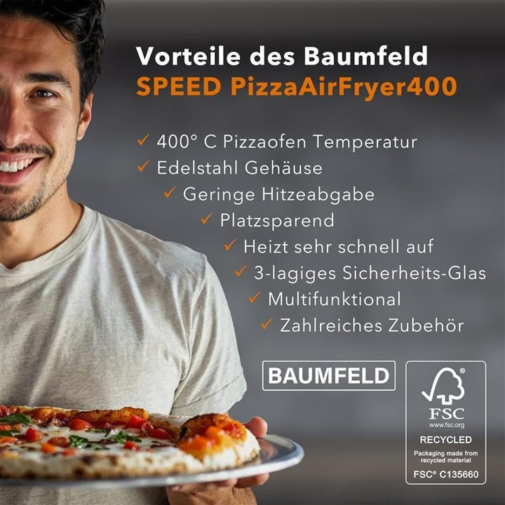 BAUMFELD PizzaAirfryer400 black - 12 in 1 Multifunktionsofen, Pizzaofen, 400 °C, tragbar, Grillen, P