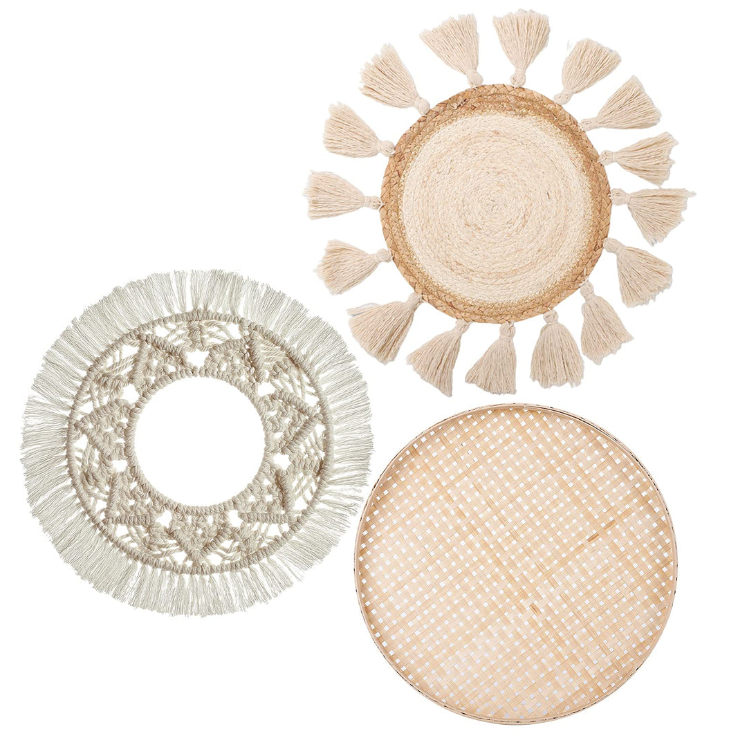 Boho-Wandbehang, flach, rund, gewebt, Makramee-Quasten, weisser Wandteppich, Bambus-Wandkorb, Servie
