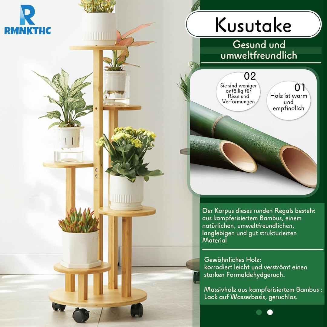 Bambus Blumenregal mit Rollen | 5-stufig 20kg Traglast | Naturmaterial wasserfest | Einfache Montage