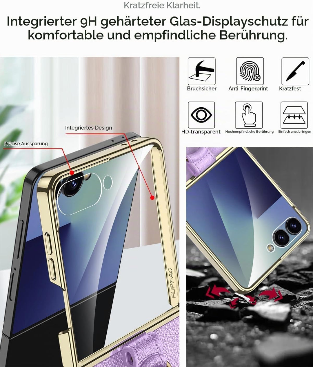 Miimall Lederhülle Kompatibel mit Samsung Galaxy Z Flip 7 Hülle mit Band+Ring Ständer [HD Displaysch