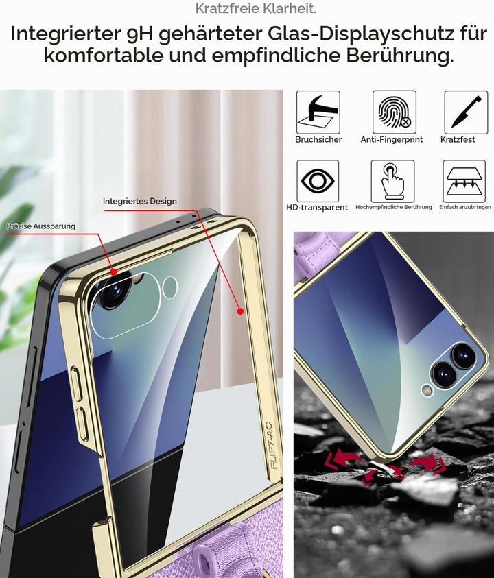 Miimall Lederhülle Kompatibel mit Samsung Galaxy Z Flip 7 Hülle mit Band+Ring Ständer [HD Displaysch