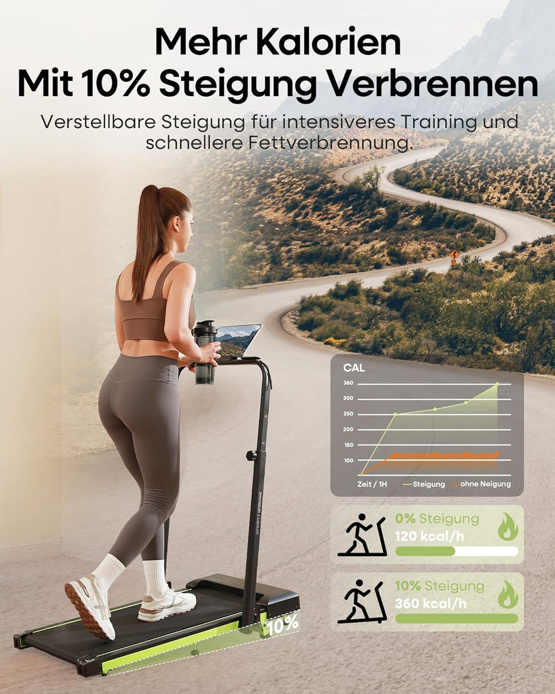 Walking Pad mit 10% Steigung 3,0 HP leises klappbares Laufband für Zuhause mit Magnet-Fernbedienung,