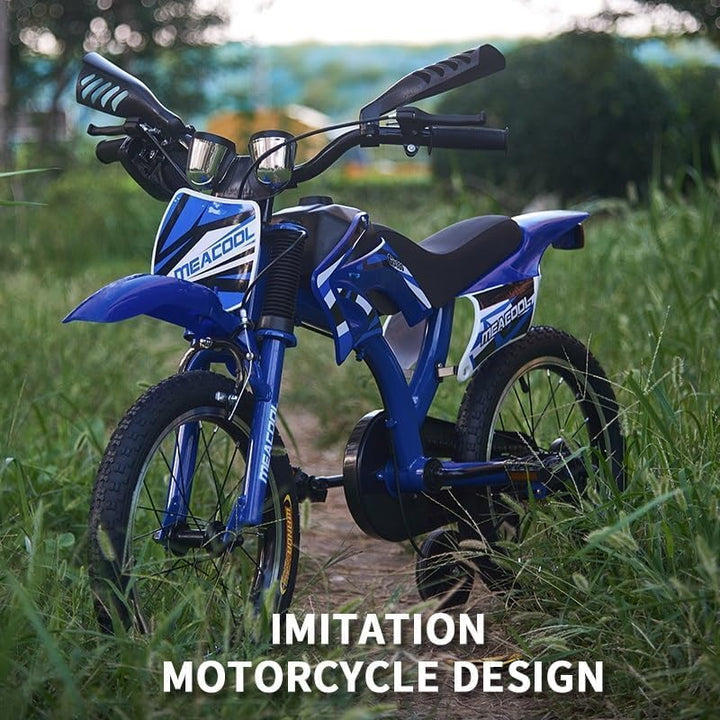 LSLIFE Motorrad-Stil Kinderfahrrad, 16/18 Zoll Fahrrad mit abnehmbaren Stützrädern, Stabil Sicher Ei