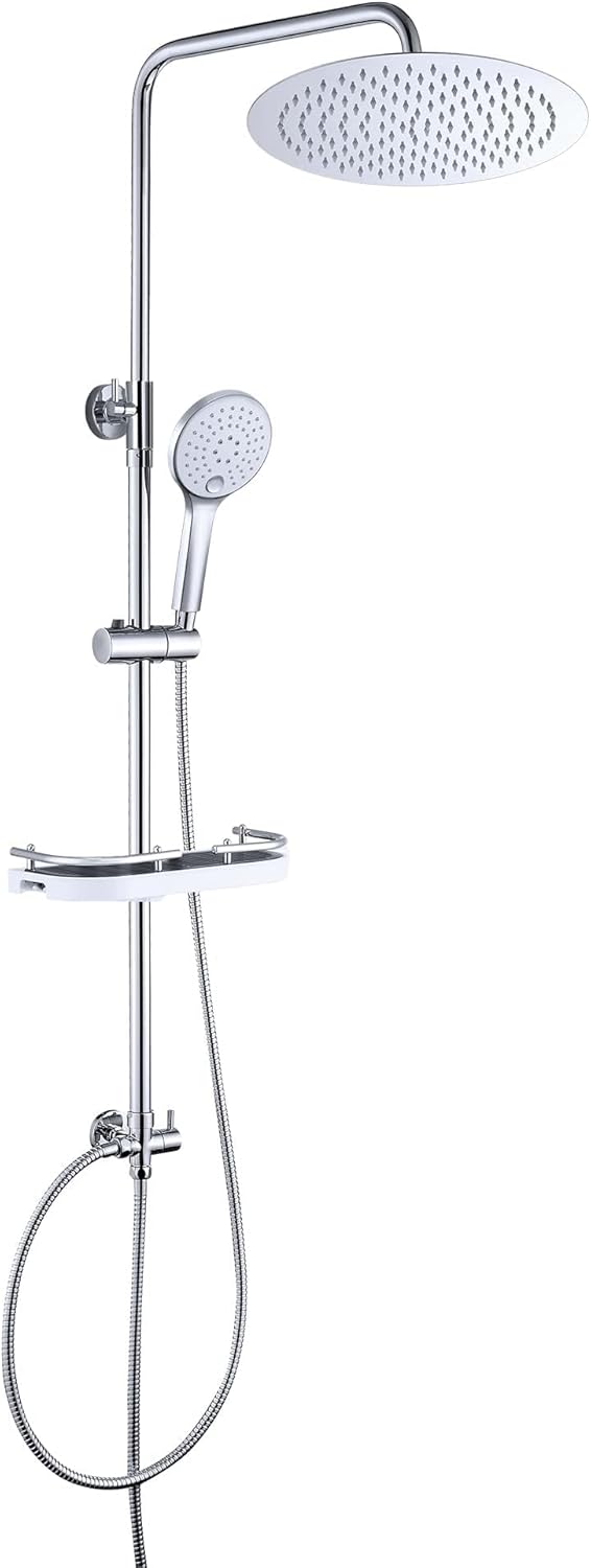 JOHO Edelstahl Regenduschset Duschsystem ohne Armatur, Duschset Duschstange mit Ablage Chrom(Kopfbra