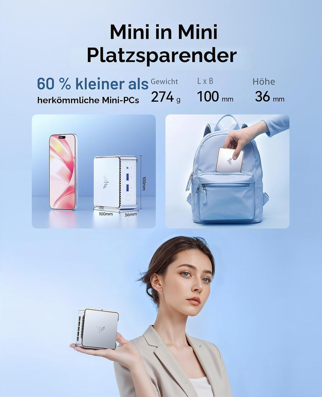 NiPoGi Essenx E2 Mini PC, Ιntel Twin Lake N150(bis zu 3,6 GHz), 16 GB DDR4 256 GB M.2 SSD Mini Deskt