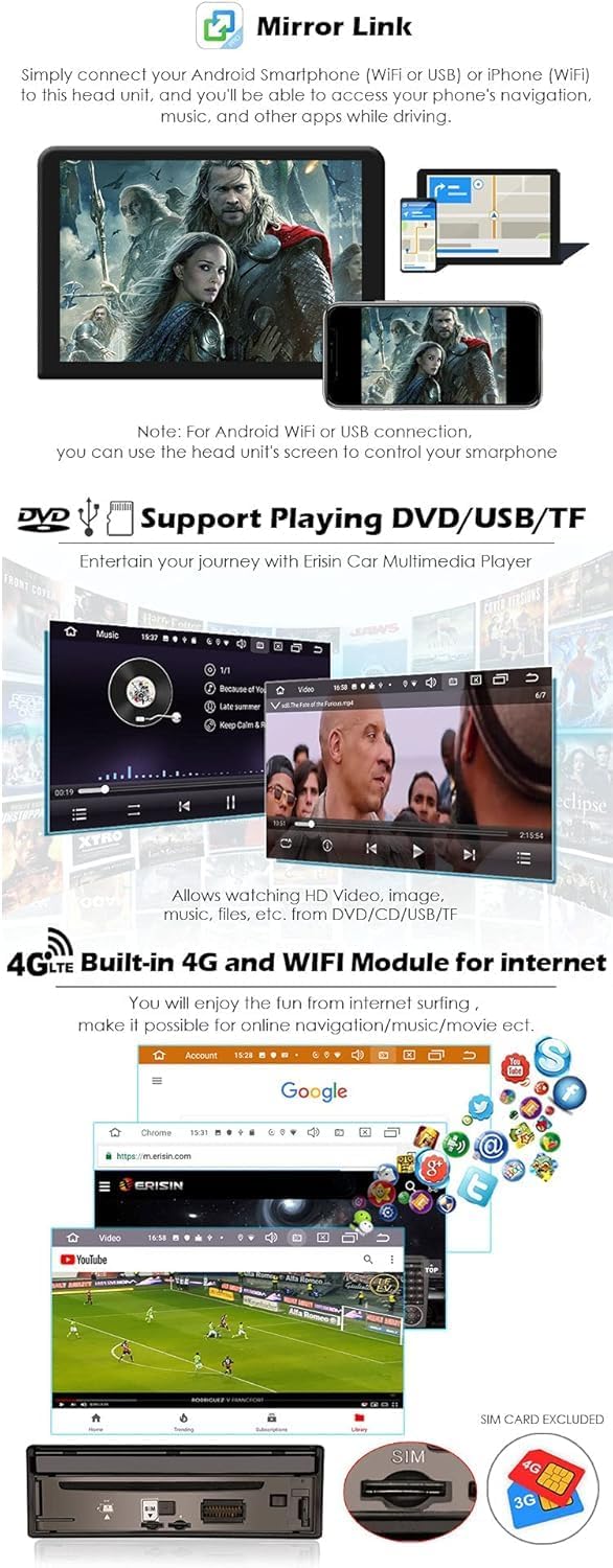 Erisin 7 Zoll Android 10 Abnehmbar 1Din Universal Autoradio mit GPS Navi HD Touchscreen Unterstützt