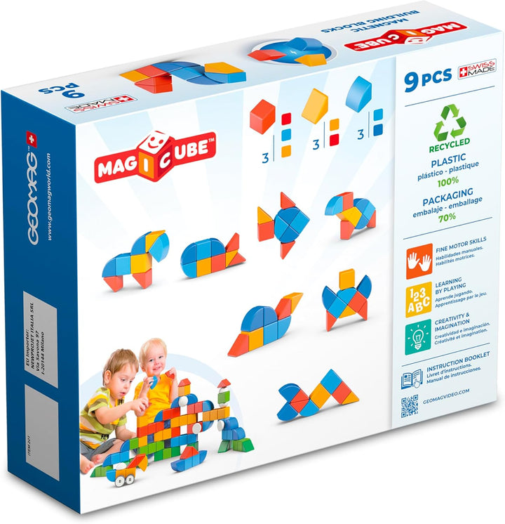 GEOMAG - MAGICUBE - 9 Magnetische Bausteine Rot/Orange/Blau - Pädagogisches Spielzeug Für Kinder Ab
