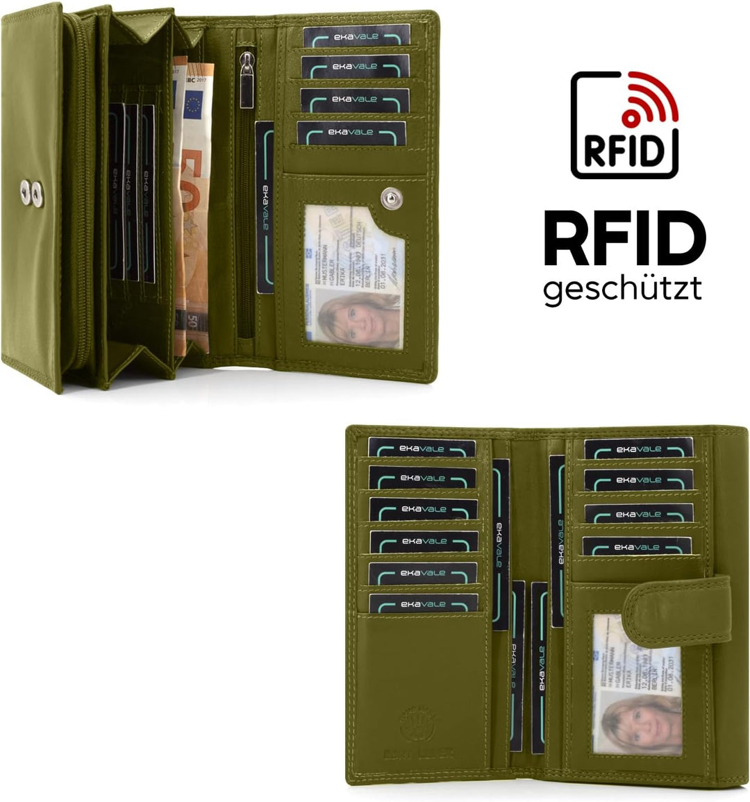 ekavale Damen-geldbörse XXL aus Rindsleder mit RFID Leder-Geldbörse mit vielen Fächern für Frau (Pis