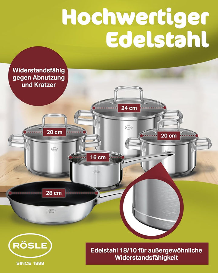 RÖSLE Moments Topfset Induktion 5-tlg. – Edelstahl Kochtopfset mit Aluminiumkern, 3 Töpfe, 1 Kassero