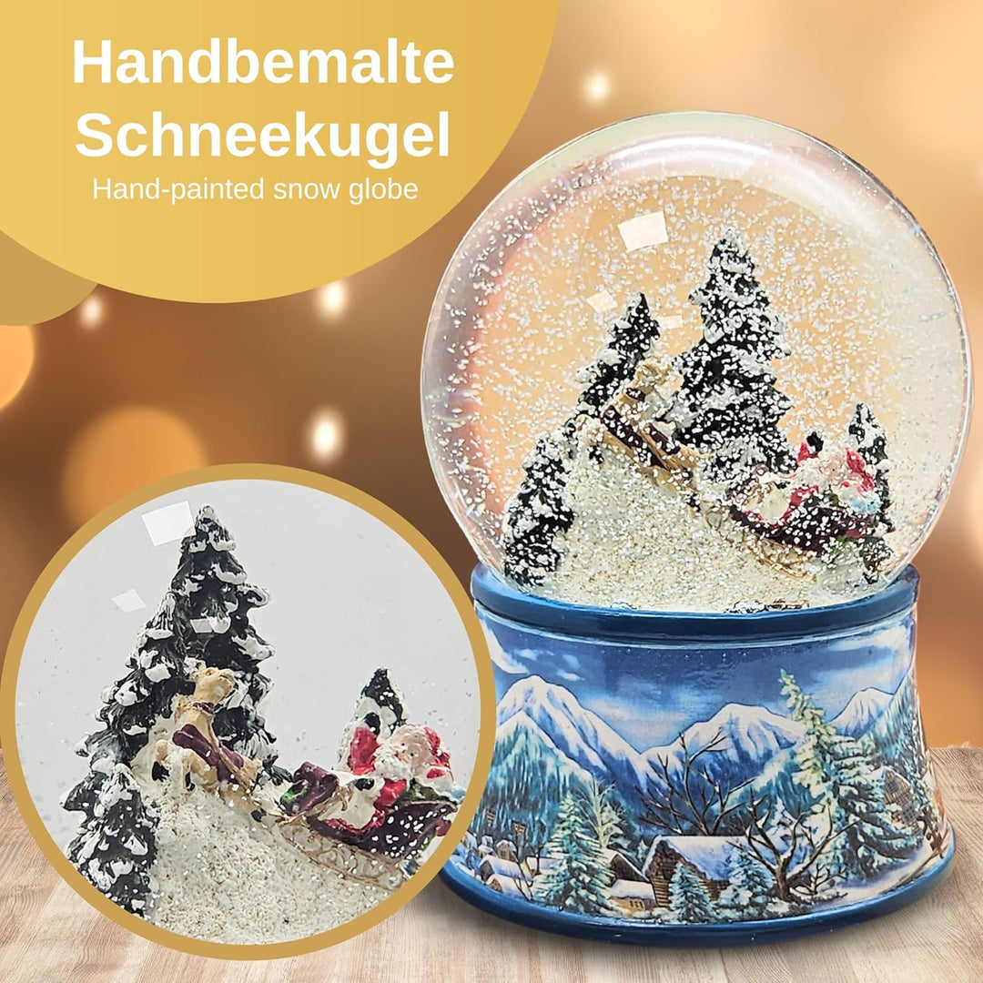 Schneekugel Weihnachten Spieluhr | Weihnachtsmann im Schlitten | Sockel Winterlandschaft hellblau |