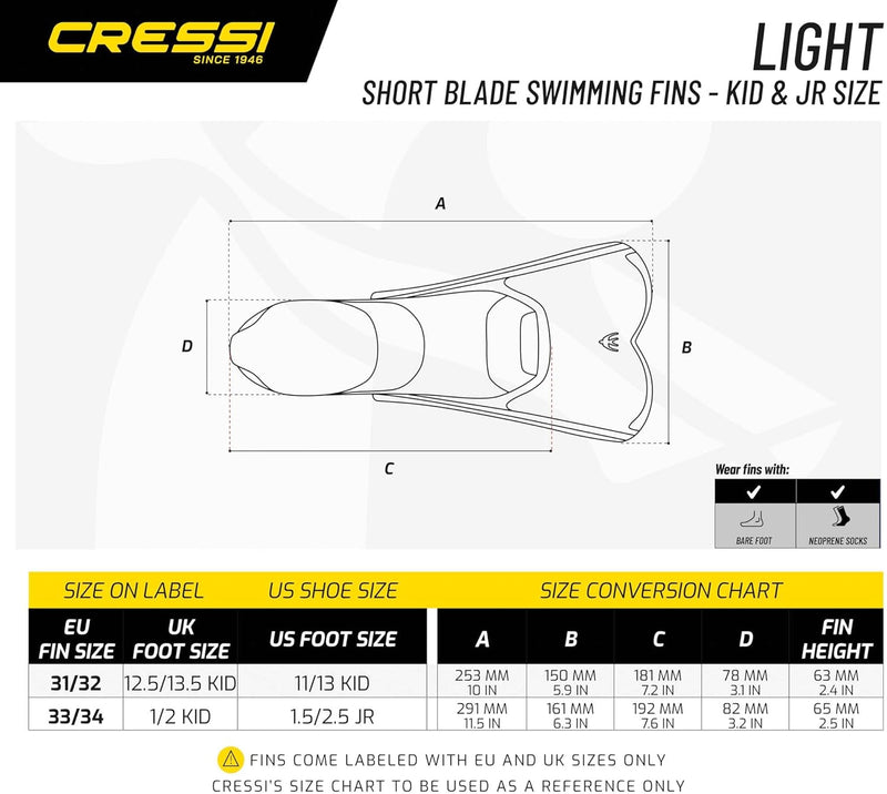 Cressi Light Fins-Kurze Flossen Zum Schnorcheln Schwimmen, Wassertraining, Verfügbar für 33/34 Blau/