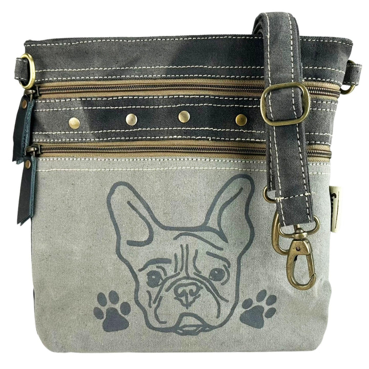 Sunsa Damen graue Umhängetasche. Canvas &amp; Leder Tasche. Kleine Damentaschen in Vintage still. Hunde