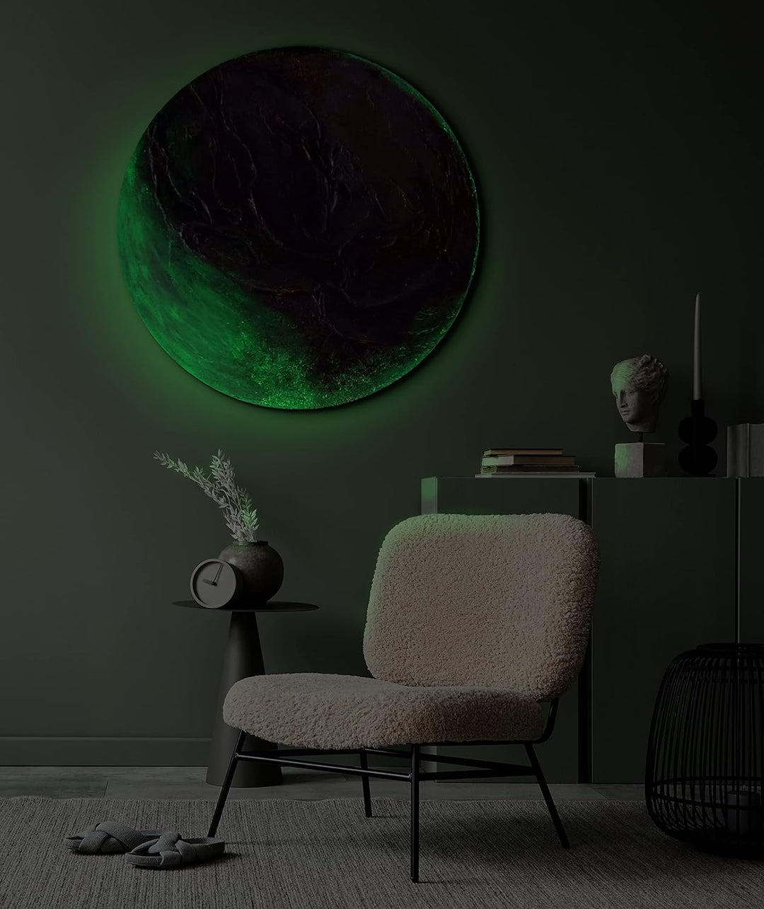 YS-Art Abstrakt Fluoreszierendes leuchtendes Acryl 3D Gemälde auf runder Leinwand Uranus handgemalt