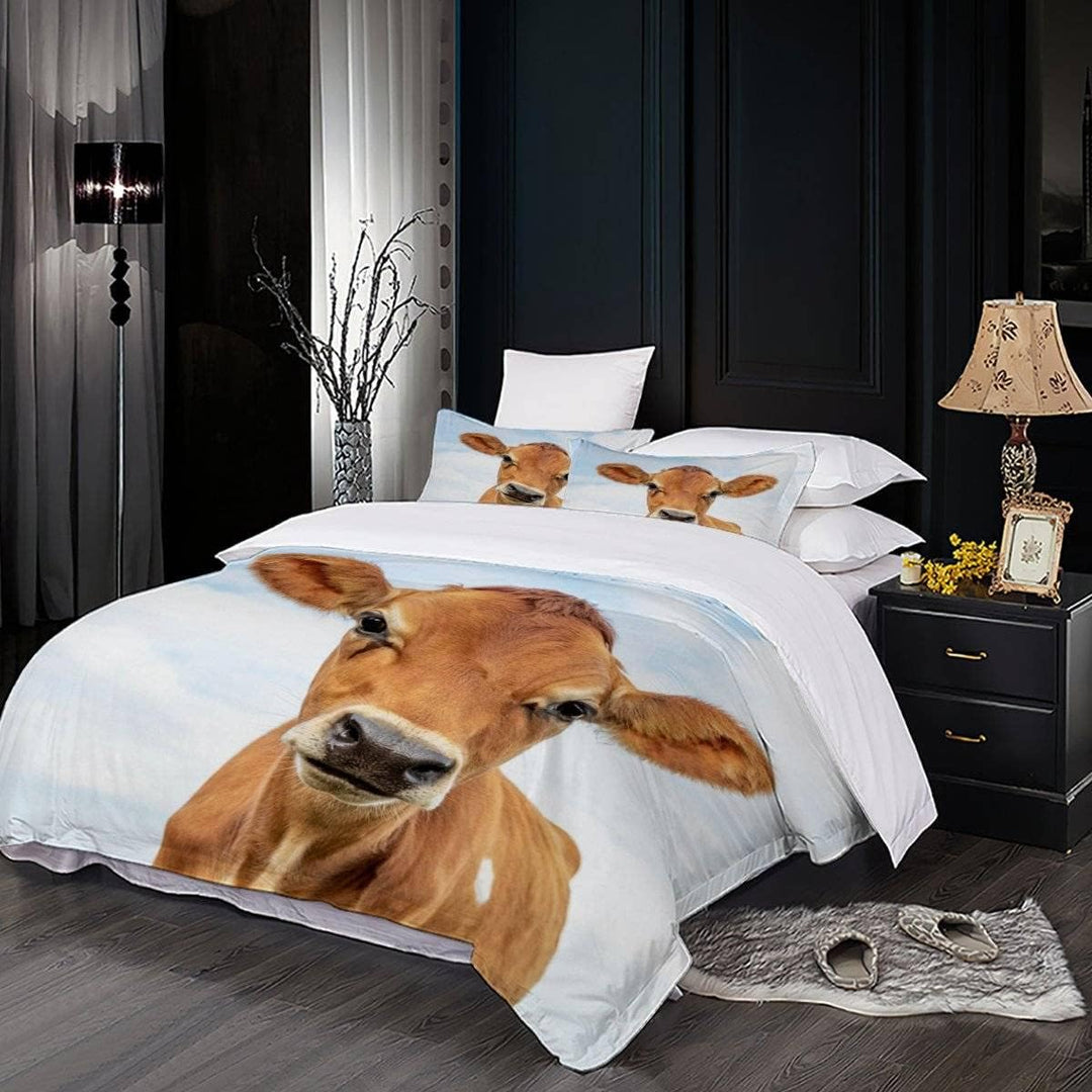 Kuh Tiere Bettwäsche 135×200 Weiche Mikrofaser 3D Druck Braune Kuh Bettbezug mit Reissverschluss Für