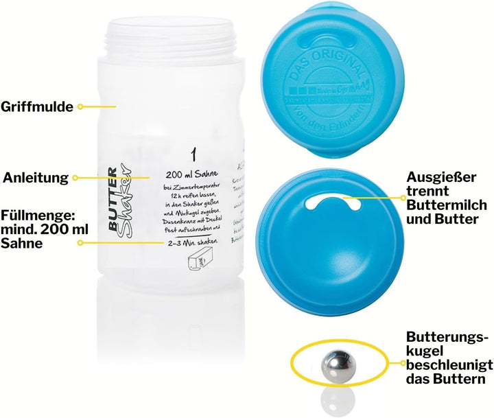 Butter Machen im patentierten Butter-Shaker. 200 ml Sahne ergeben 75g Butter + 125 ml Buttermilch. E