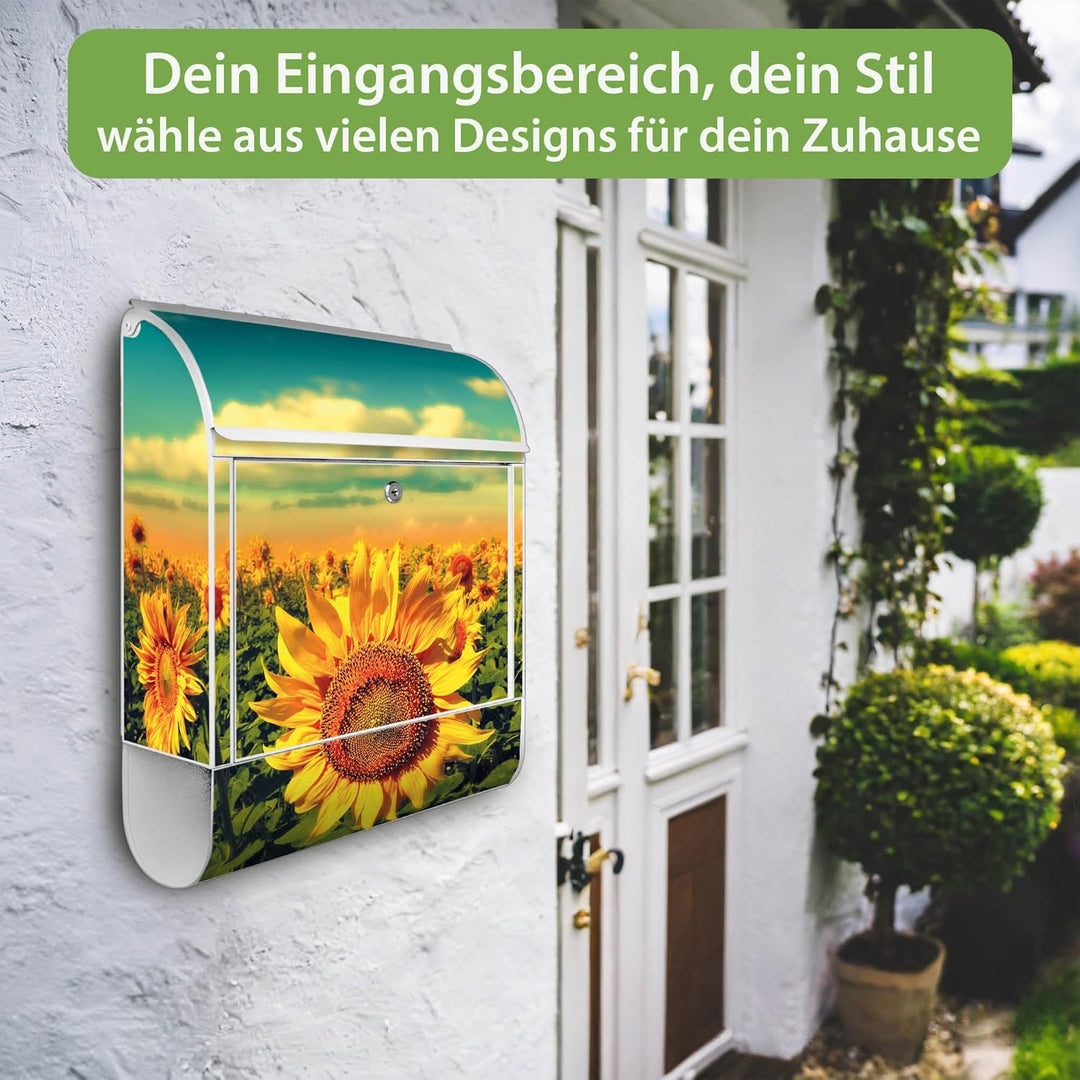 banjado® Design Briefkasten mit Motiv Sonnenblumen 39x47x14cm &amp; 2 Schlüssel - Briefkasten Stahl weis