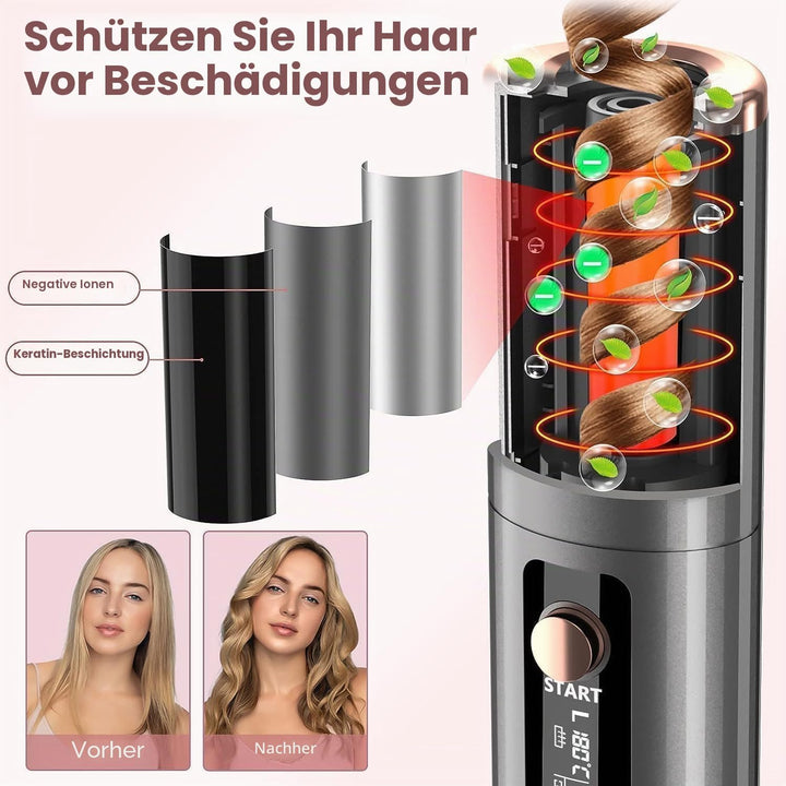 Automatischer Lockenstab, USB, wiederaufladbar, tragbar, 6 Temperaturen und Timer von 8-18 Sekunden