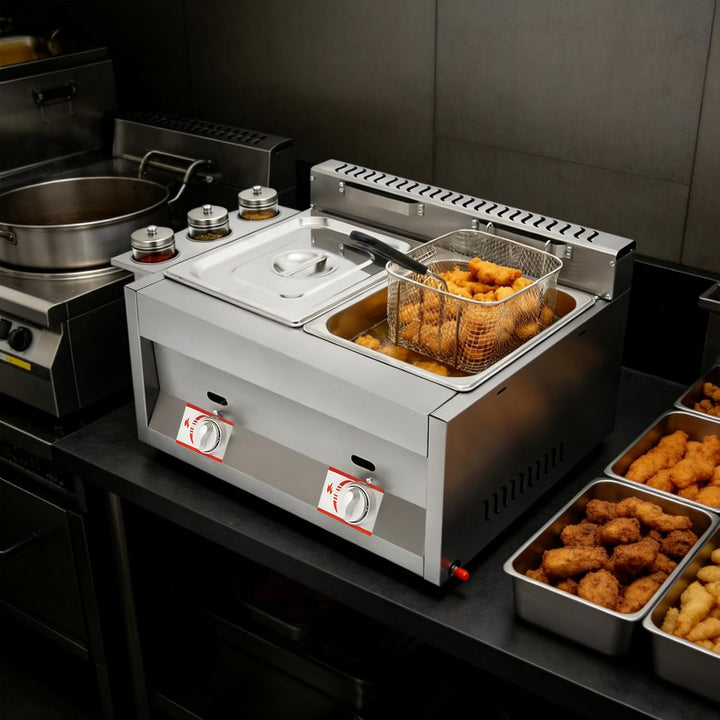 Gasfritteuse, 60.3x46x33.5cm Gewerbliche Doppeltank Edelstahl Profi Gastro Fritteuse mit Filterkörbe