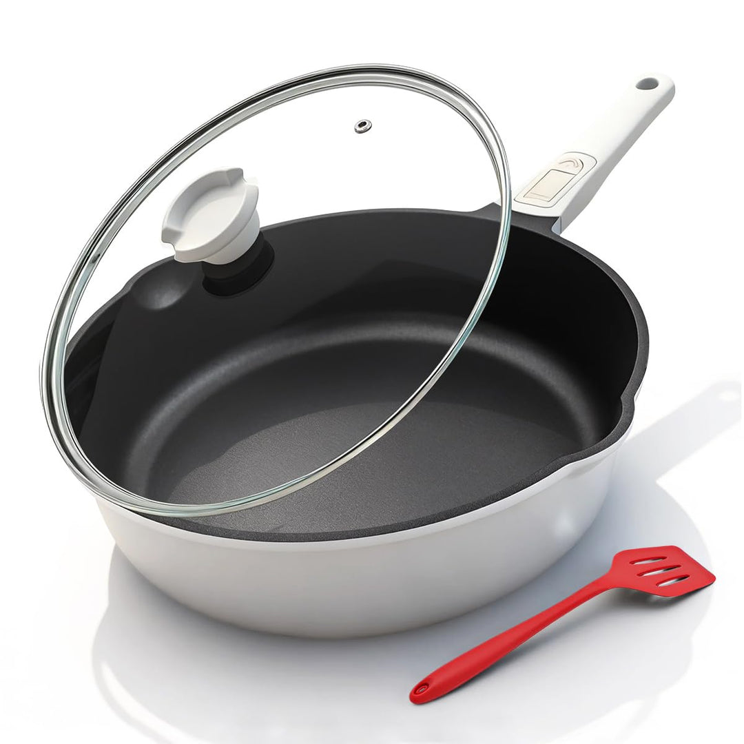 Pfanne 28cm mit Deckel, Aluminium Bratpfanne Hoher Rand mit Abnehmbarer Griff, Schmorpfanne 28 cm fü