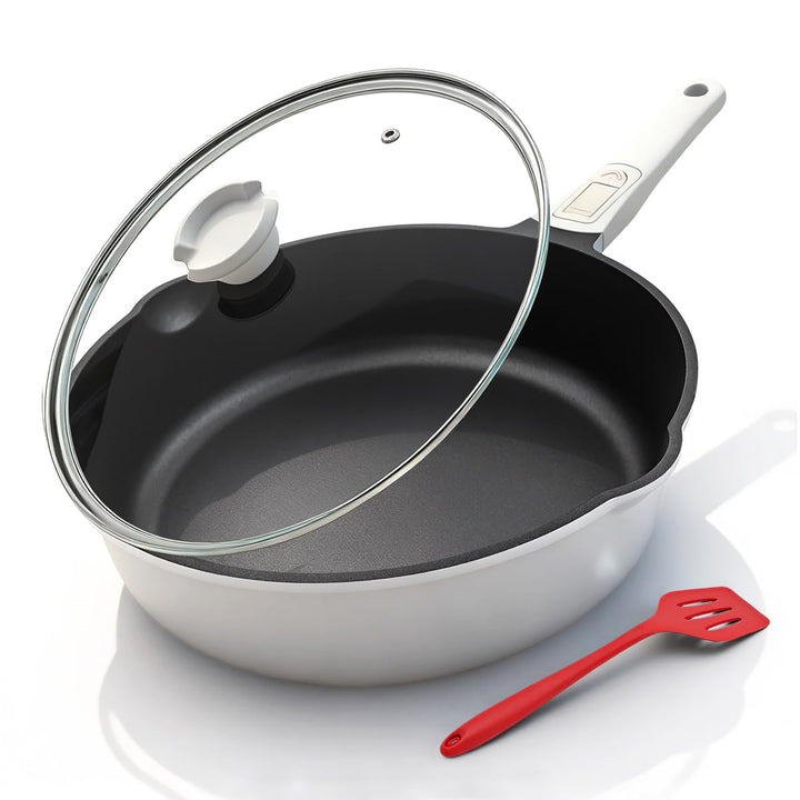 Pfanne 28cm mit Deckel, Aluminium Bratpfanne Hoher Rand mit Abnehmbarer Griff, Schmorpfanne 28 cm fü