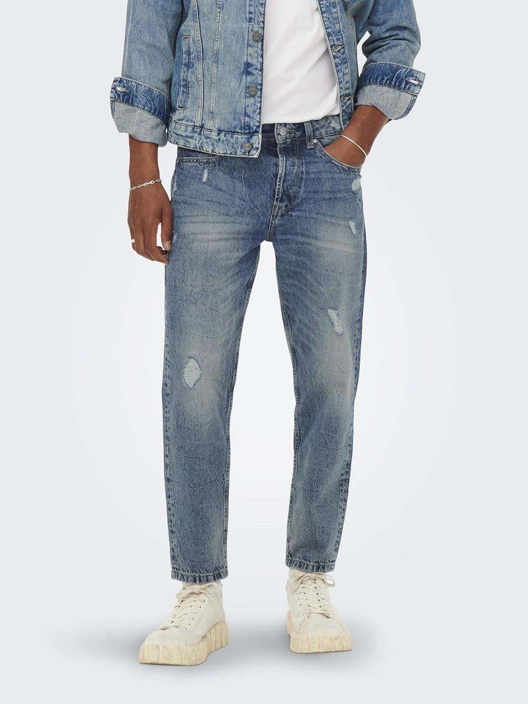 ONLY & SONS Crop Distressed Jeans 29 Blue Denim, 29 Blue Denim