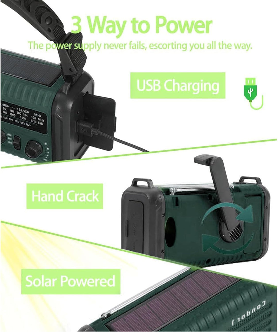 Jectse Handkurbel Notio -Radio, AM FM NOAA Solar Weather Radio mit LED -Taschenlampen -Lesen Lampe S