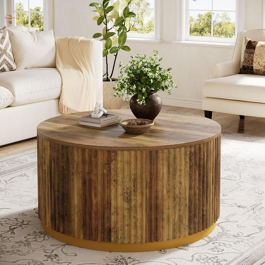 Tribesigns 80 cm runder Couchtisch, geriffelter Holztisch mit stabilem Trommelgestell, Wohnzimmertis