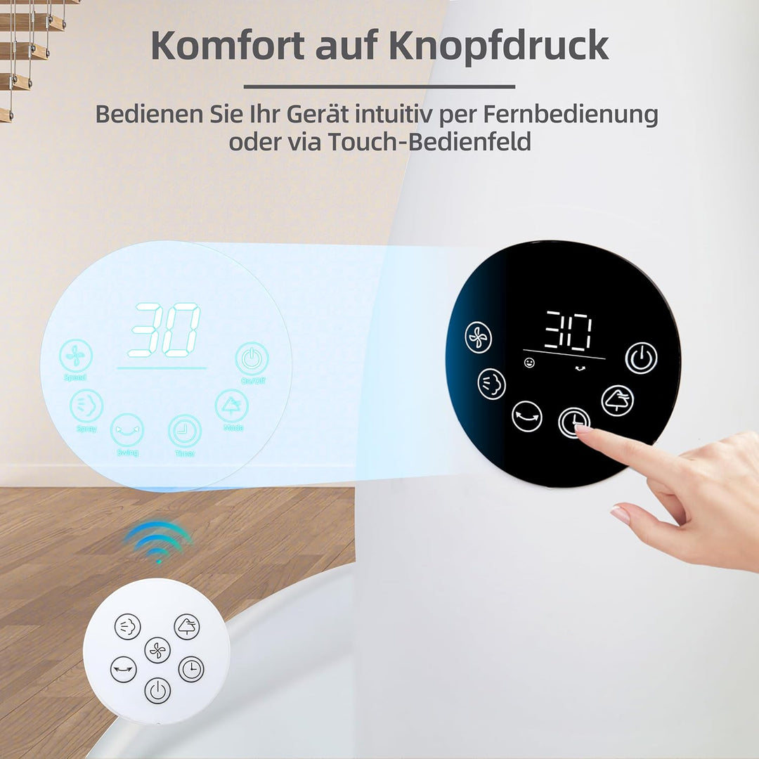 Be Cool Premium Sprühnebel Standventilator mit Fernbedienung | 80W | 2L Wassertank | 1500 m³/h | Osz