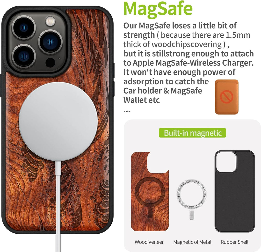 Carveit Handyhülle für iPhone 14 Pro Cover Kompatibel mit Magsafe [Holz und TPU Silikon Hybrid hülle
