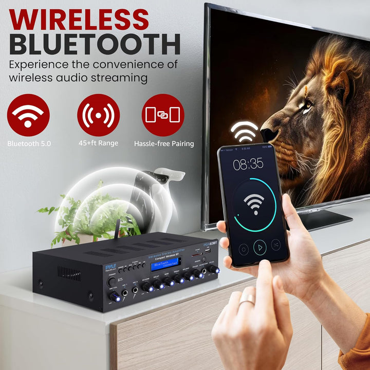 Wireless BT Streaming Amplifier, Multi-Channel 200Watt Power, Home Audio Receiver System with FM Rad